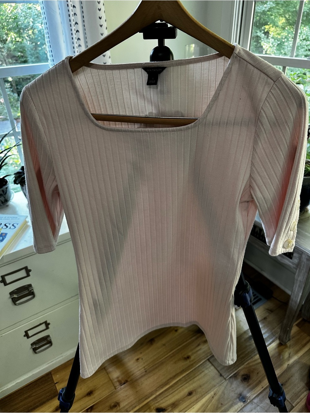 Ann Taylor Light Pink Ribbed Square-Neck Short Sleeve Top